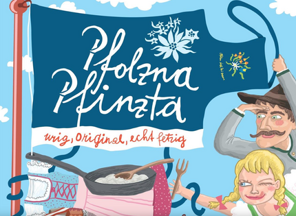 Illustration mit Pfanne, Kochutensilien und bayerisch gekleideten Personen