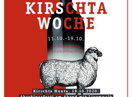 Plakat für Kirschtawoche mit Weinflasche und Schaf, Daten und Reservierungshinweis